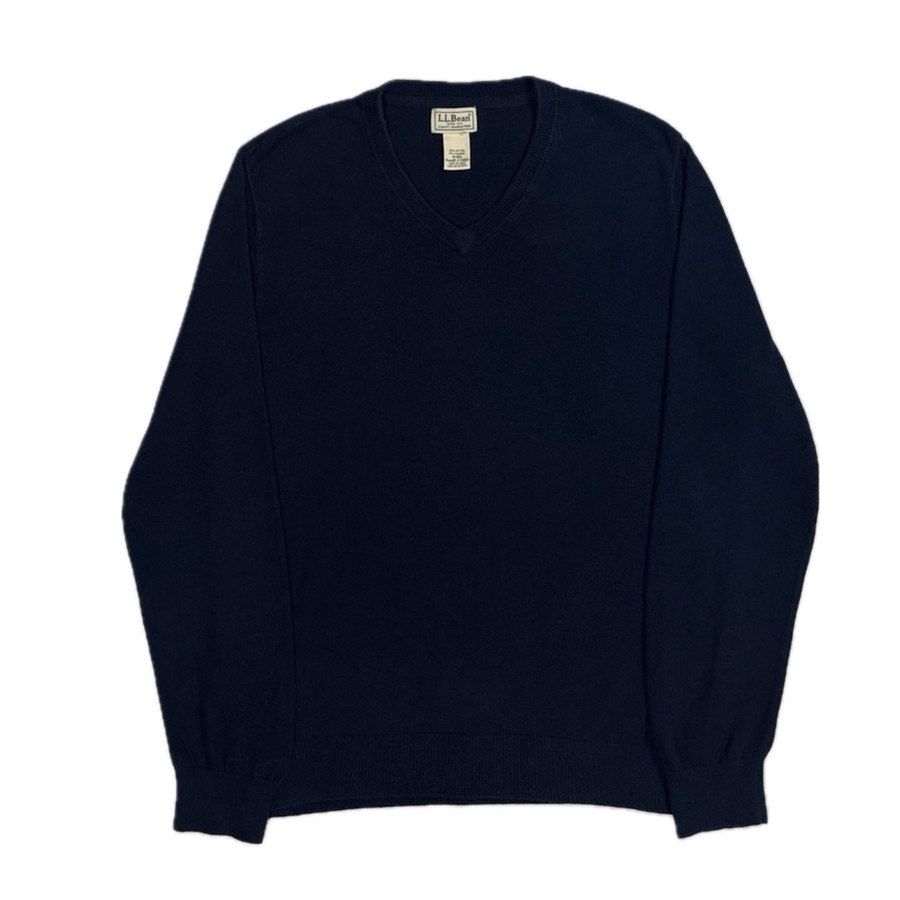 LL Bean 95% cotton 5% cashmere blend navy blue knit v neck sweater men’s medium